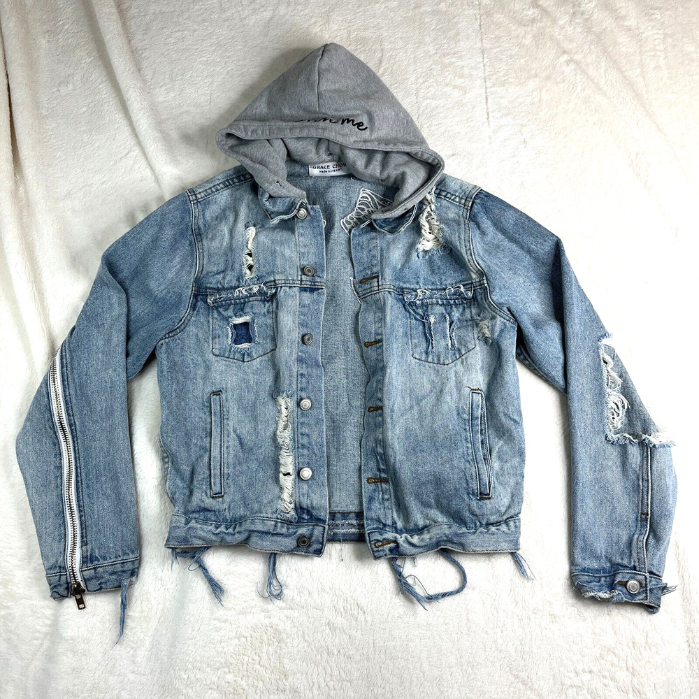 Grace Chow Denim hooded Jacket Women’s Size XS Angel Wing Distressed Embroidered